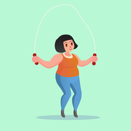 Obese young woman Jump Rope Workout cartoon illustrationのイラスト素材