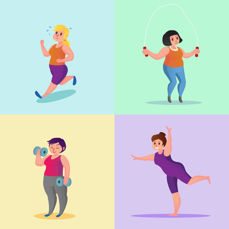 Obese young women Funny cartoon illustrationのイラスト素材