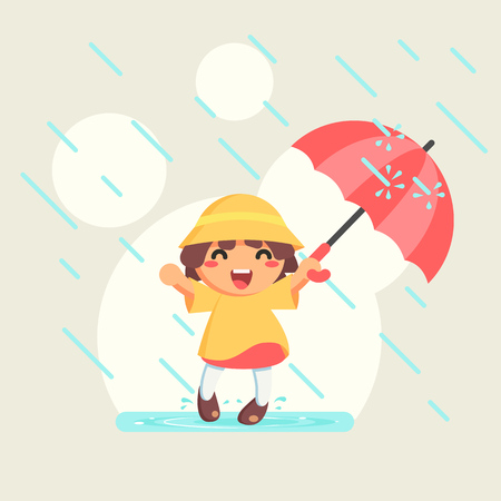 Happy cute Girl in raincoat with umbrella in autumn rainy season, flat cartoon vector illustrationのイラスト素材
