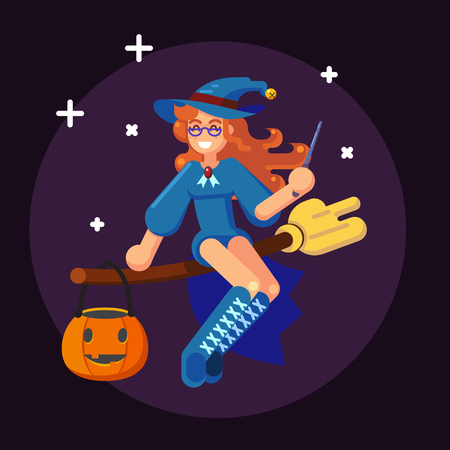 Happy Halloween Banner Invitation Card Witch on broom Flat Vector Illustration eps10のイラスト素材