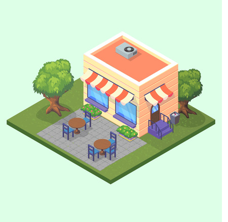 Isometric cute restaurant cafe building with tables, chairs and trees 3D vector illustration eps10のイラスト素材