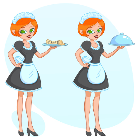 A vector cartoon illustration of beautiful cute funny girl waitress, maid brings the order of newspaper and meal.のイラスト素材
