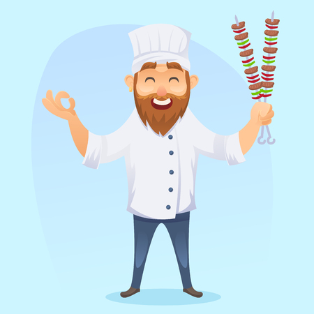 A vector illustration of funny cartoon cook man with barbeque eps10のイラスト素材