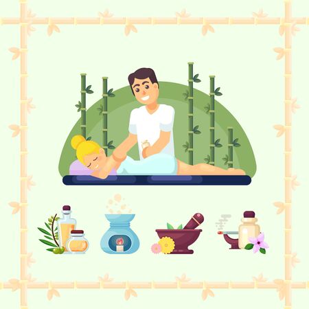 Massage room spa. Masseur providing a massage to a female client. Vector illustrationのイラスト素材