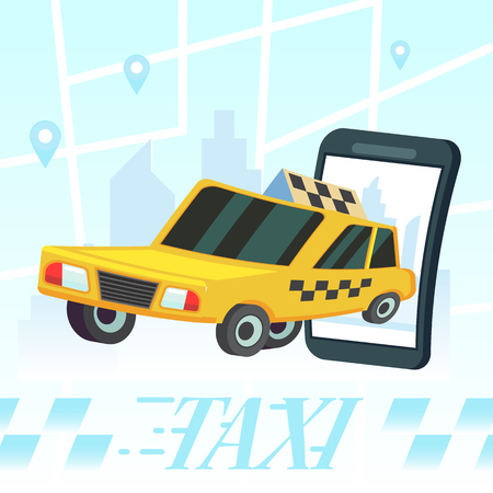 Mobile auto application. Transport service, position pin on map. Vector colorful illustration in flat style image City taxi design flat. Yellow cab drive in town.のイラスト素材