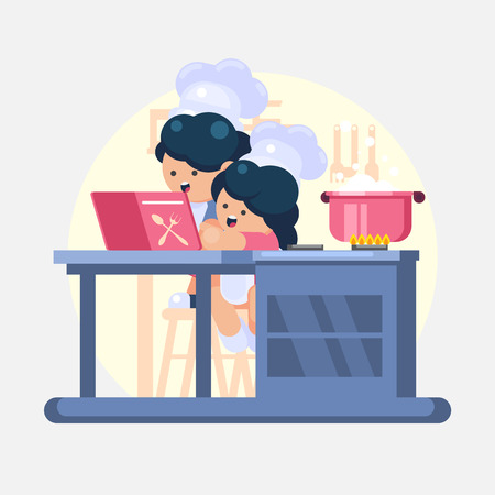 Happy little funny Girl and boy Cook chef helping cooking in kitchen studies a cookbook Vector colorful illustration in flat style imageのイラスト素材