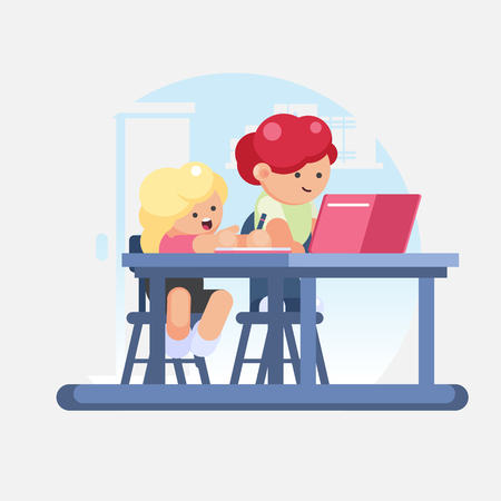 Schoolgirl and schoolboy doing homework.のイラスト素材
