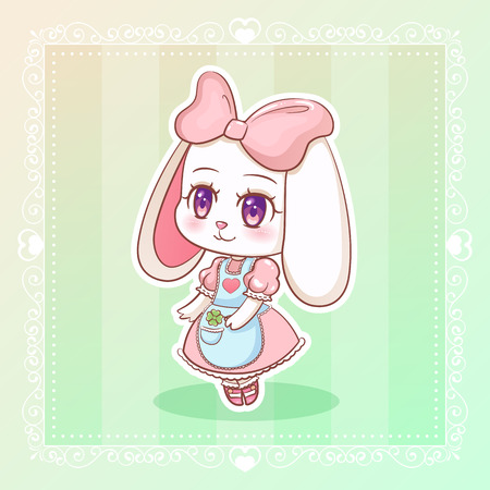 Sweet rabbit Little cute kawaii anime cartoon bunny girl in dress with pink ribbon eps10のイラスト素材