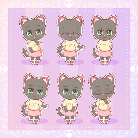 Sweet Kitty Little cute kawaii anime cartoon cat kitten girl in dress with long fluffy ears different emotions mascot sticker Happy, sad, angry, smile, kiss, love Children character eps10のイラスト素材