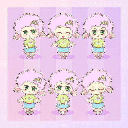Sweet Kitty Little cute  anime cartoon lamb girl in dress with long fluffy ears different emotions mascot sticker Happy, sad, angry, smile, kiss, love Children character eps10のイラスト素材