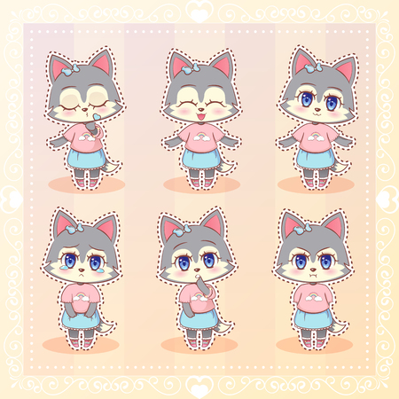 Sweet Kitty Little cute  anime cartoon husky dog wolf puppy girl in dress with long fluffy ears different emotions mascot sticker Happy, sad, angry, smile, kiss, love Children character eps10のイラスト素材