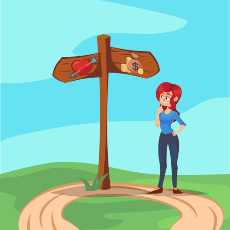 Woman character making choice love or money. Vector flat cartoon illustration eps10のイラスト素材