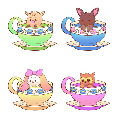 Cute little funny kawaii animal owl, bat, pig, rabbit pet illustration in a tea coffee cup cartoon vector print illustration.のイラスト素材