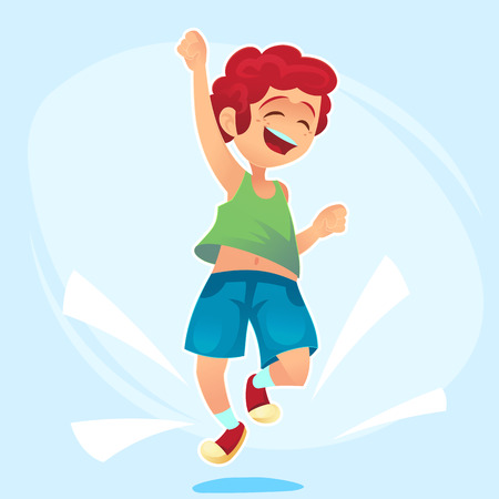 Cartoon character, Happy school Boy jumping Concept of happiness, victory fun. Vector cartoon illustration for banner, poster, website, invitationのイラスト素材