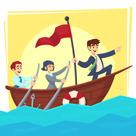 Businessman with leader red victory flag lead business team sailing on boat in the oceanの写真素材