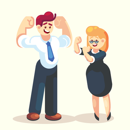 Strong happy businessman and businesswoman office worker team character vector flat design We can do it.のイラスト素材