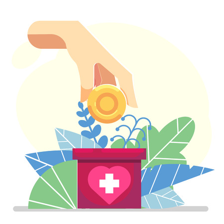 hand depositing coin in a carton box banner donate - flat floral Vector charity help concept.のイラスト素材