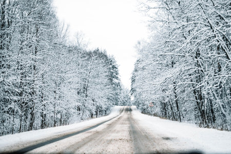Winter landscape. Snowy forest and road.の写真素材