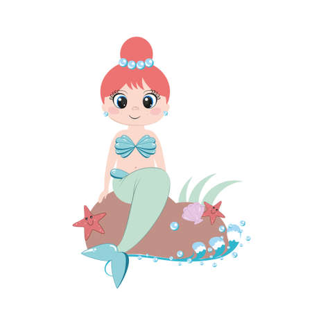 A mermaid with a beautiful hairstyle and jewelry is sitting on a stone on the beach. Sea stars, shells and the ocean. Children's illustration for girls. Design of posters, postcards, booksのイラスト素材