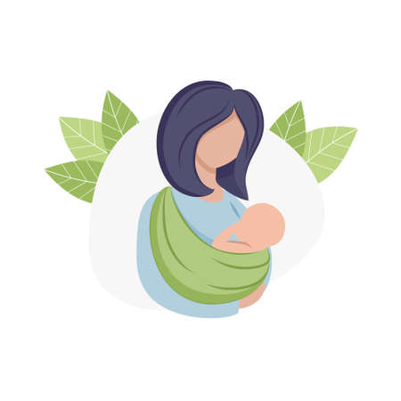 a mother holds a newborn baby in her arms. Family happiness, pregnancy and motherhood. The relationship between mother and child. The concept of love for children. Vector flat cartoon illustration.のイラスト素材