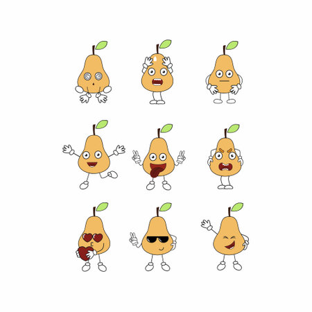 A set of fruits with emotions on their face. Funny pear emoticons. Fruit emojis and stickers. Vector cartoon character for children.のイラスト素材