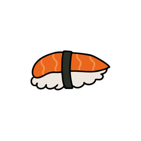 Sushi and rolls on a white background. Vector icon in doodle style. National Japanese food.のイラスト素材