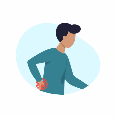 A man with a bad back. The patient complains of lower back pain. medicine and health. vector character in a flat style.のイラスト素材