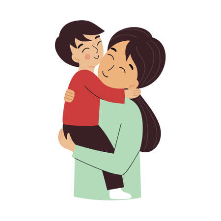 Mom hugs her son. mother and child. motherhood and parenting. mother's day.のイラスト素材