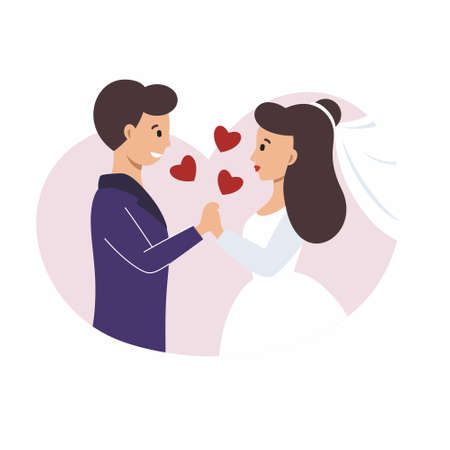 The groom holds the bride's hand. Vector illustration for a wedding.のイラスト素材