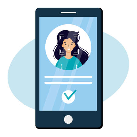 Face recognition system in smartphone. Avatar of woman in phone. Digital security and data protection.のイラスト素材