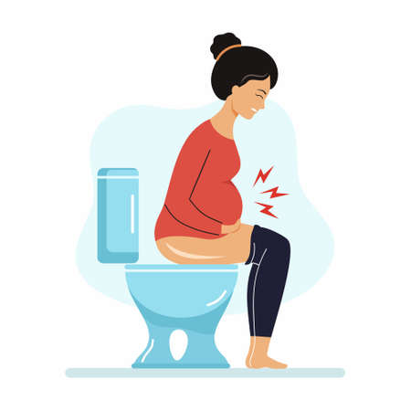 Pregnant woman is sitting on the toilet. Constipation during pregnancy. Digestive problems.のイラスト素材