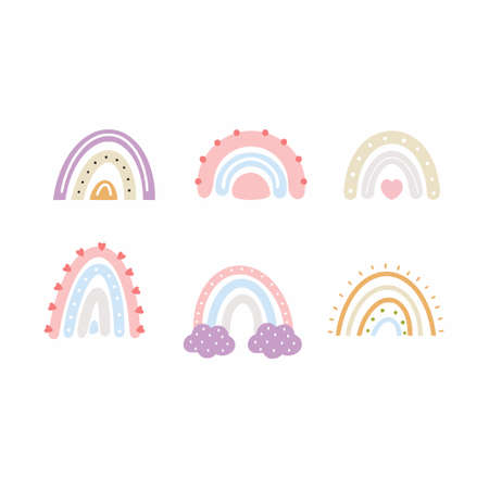 Seamless background with cute rainbow for girl. Texture for sewing children clothing. Printing on fabric and packaging paper. Wallpaper for nursery.のイラスト素材
