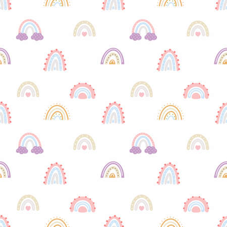 Seamless background with cute rainbow for girl. Texture for sewing children clothing. Printing on fabric and packaging paper. Wallpaper for nursery.のイラスト素材