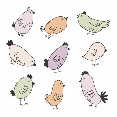Set of cute birds. Vector doodle illustration. Sketch elements for postcard.のイラスト素材