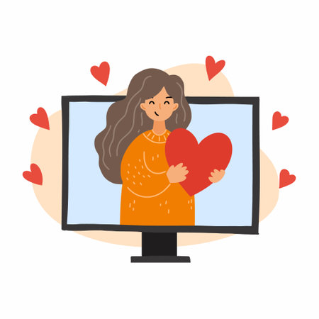 Happy girl holds big red heart in hands. feedback. virtual love.のイラスト素材