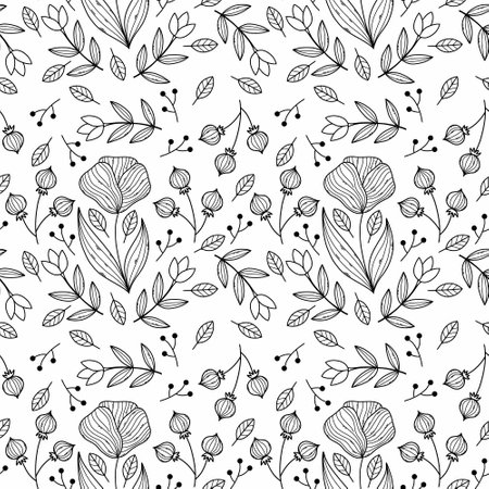 Seamless pattern with floral ornament. Flowers and twigs on white background. Wallpaper for sewing clothes and printing on fabric.のイラスト素材
