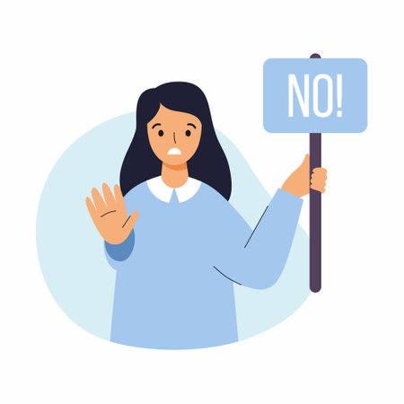 Woman with poster say no. Vector illustration in flat style. Rejection and personal boundaries. negative gesture.のイラスト素材