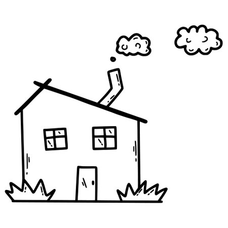 Cute doodle house. Sketch illustration by hand. Drawing with contour lines.のイラスト素材