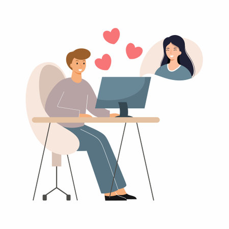 Man in love is texting with girl online. dating site. Vector character in flat style. Love on the Internet.のイラスト素材