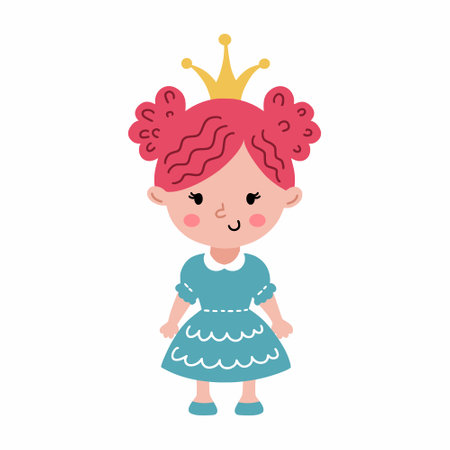 Cute princess with beautiful hairstyle. little girl in dress. crown on head. funny character. illustration for children. poster nursery.のイラスト素材