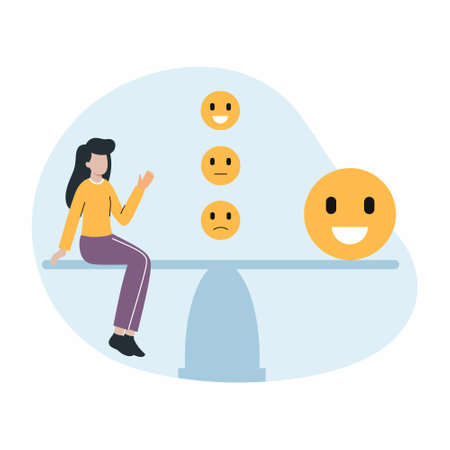 Woman is sitting on emotional swing. mental health recovery. psychological balance. positive and negative emotions. smile.のイラスト素材