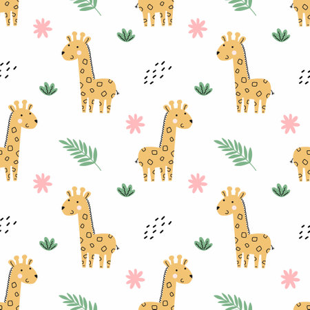 cute giraffe. Green tropical branch. Seamless pattern for sewing children's clothing. African background in nursery. Jungles. Printing on fabric and packaging.のイラスト素材