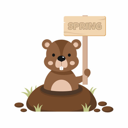 Happy groundhog day. Cute animal holds sign with inscription Spring in its paws. weather prediction. February 2.のイラスト素材