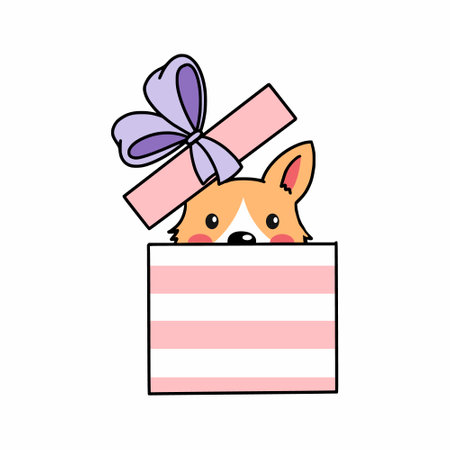 Cute corgi dog is sitting in gift box. Pet. Design element for postcards, icons, stickers. Vector doodle illustration. birthday surprise.のイラスト素材