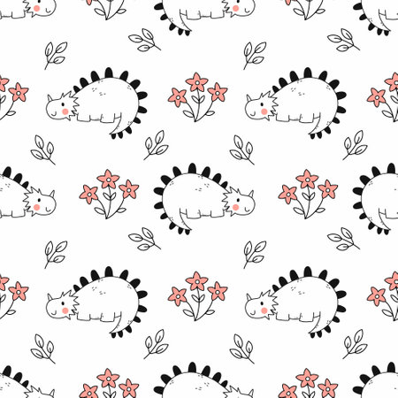Seamless children's pattern with dinosaur. Cute dino in nature. Printing on fabric and wrapping paper. background to nursery.のイラスト素材