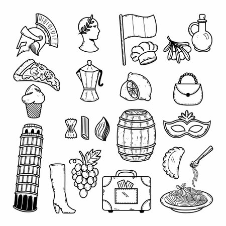 Italy. Vector doodle illustration. Set of black and white icons. Travel and sightseeing. Europe.のイラスト素材