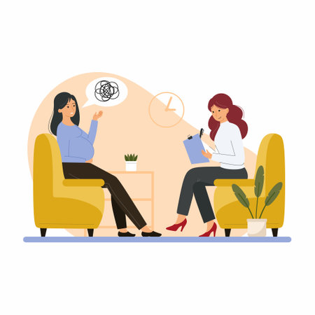 Pregnant woman in session with psychologist. psychological support. mental health. family therapy.のイラスト素材