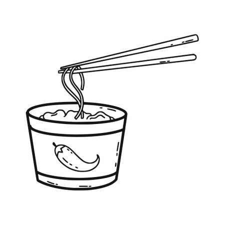 Korean spicy instant noodles. fast food. Vector doodle illustration. national dish. icon. Japanese chopsticks. Asian food.のイラスト素材