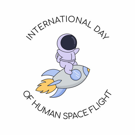 International Day of Human Space Flight. Astronaut is flying on rocket.のイラスト素材