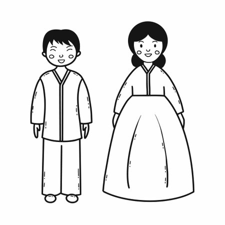 Man and woman with Asian appearance. Hanbok. Traditional Korean clothing. Vector doodle illustration. character.のイラスト素材